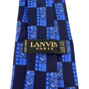 Lanvin Paris Men's Tie Geometric Floral Navy Satin Silk 3 5/8" (W) x 58" (L) euc